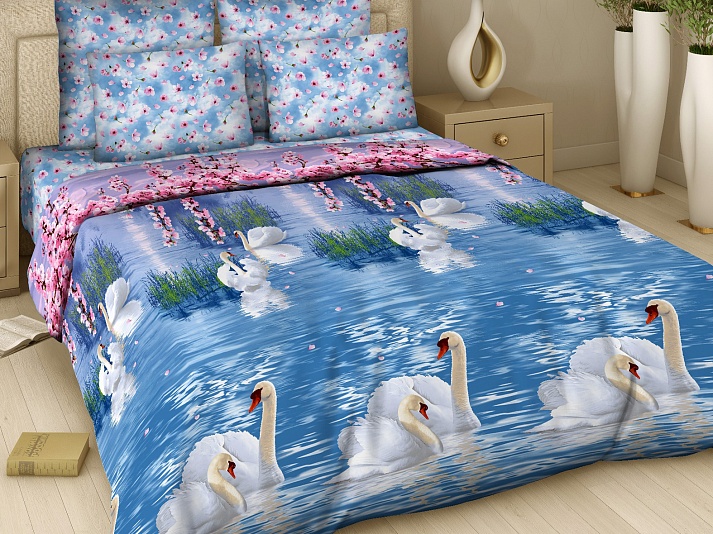 Poplin bed linen "Swans" | Online store of linen products «Linife»