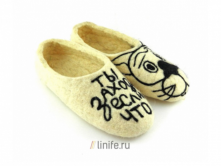 Felt slippers "You come in if that" | Online store of linen products «Linife»