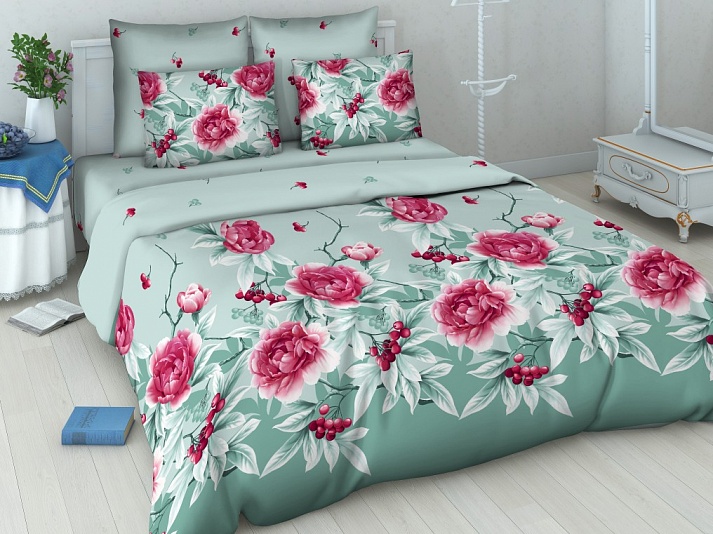 Bed linen made of coarse calico "Peony and barberry" | Online store of linen products «Linife»