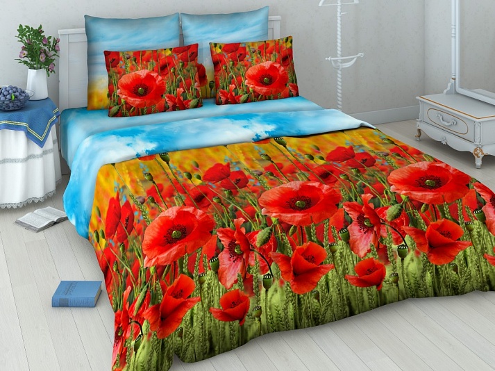 Bed linen from coarse calico "Poppy field" | Online store of linen products «Linife»